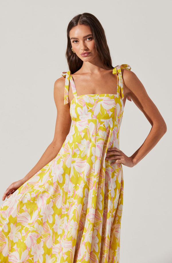 leaf print empire waist midi dress reviews ASTR the Label | Shiann Print Midi Dress in Yellow Multi Floral