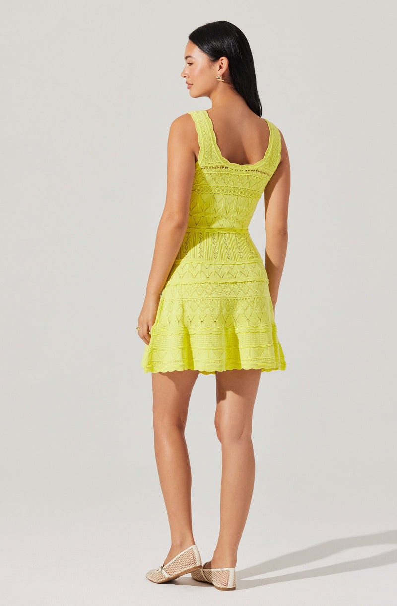 A woman is wearing a sleeveless, lime green dress with intricate lace and embroidered patterns throughout. The dress has a fitted bodice and a flared, ruffled hem that ends above the knees. She pairs the outfit with light-colored, woven, pointed-toe shoes.