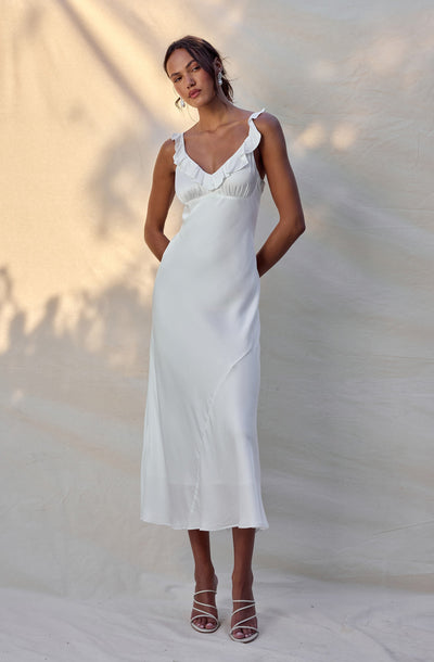 Zoie Satin Ruffle Midi Dress