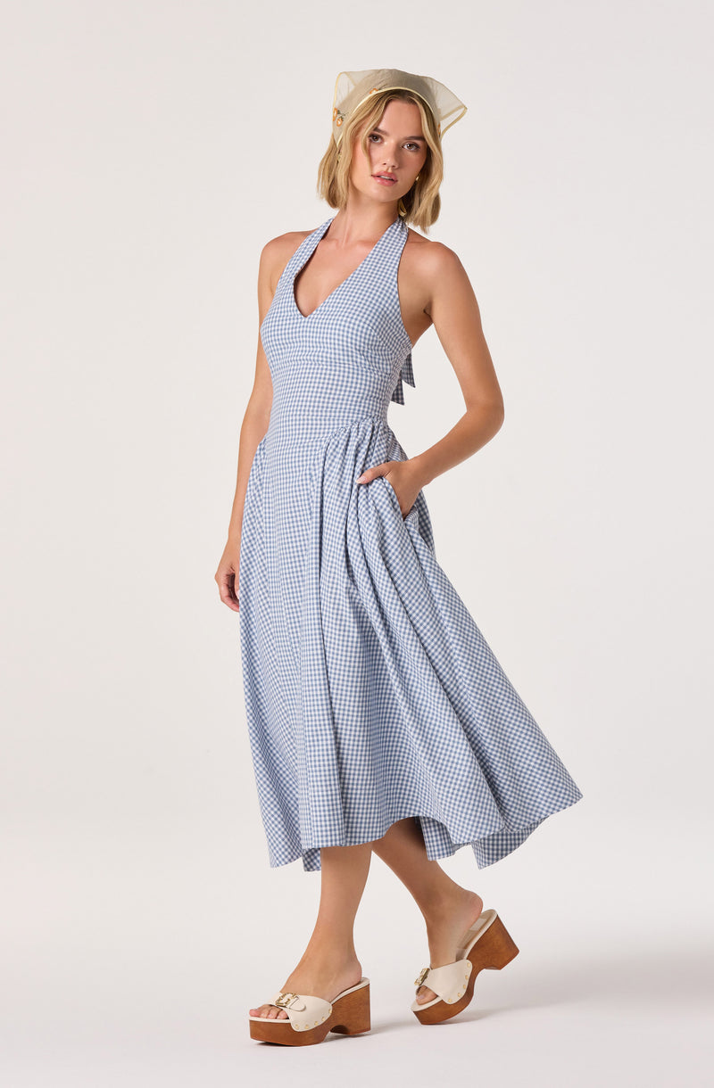 Woman wearing a blue and white gingham sleeveless dress with a full skirt and pockets.