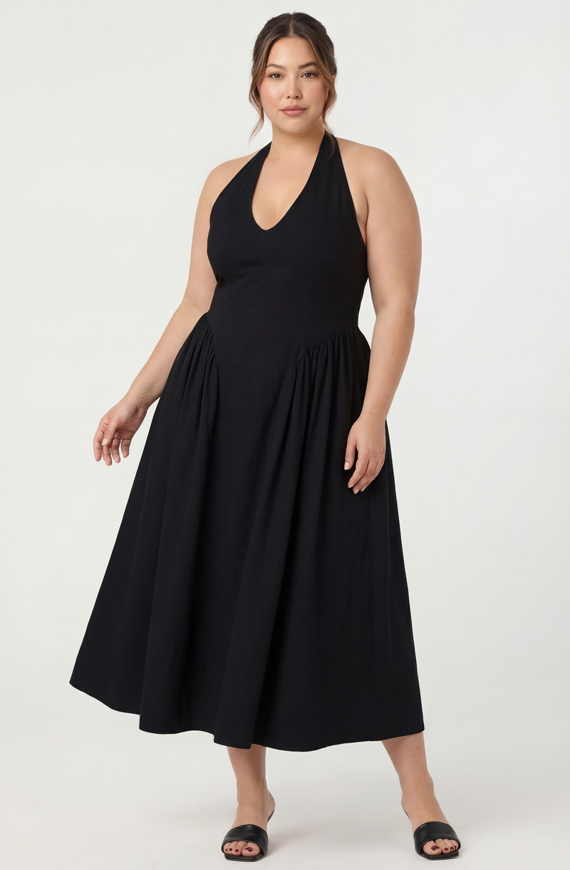 Black sleeveless halter dress with a fitted bodice and a pleated, full-length skirt.
