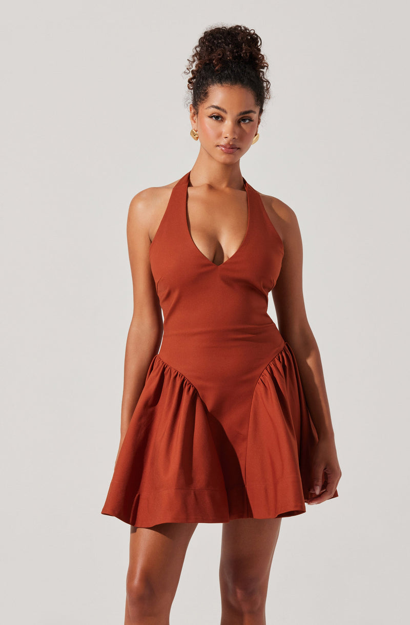 A woman is wearing a sleeveless, rust-colored dress with a deep V-neckline and a fitted bodice. The dress features a wide, gathered skirt with pleats that create volume and movement. She has her hair styled in a high, curly ponytail and is accessorizing with gold earrings.