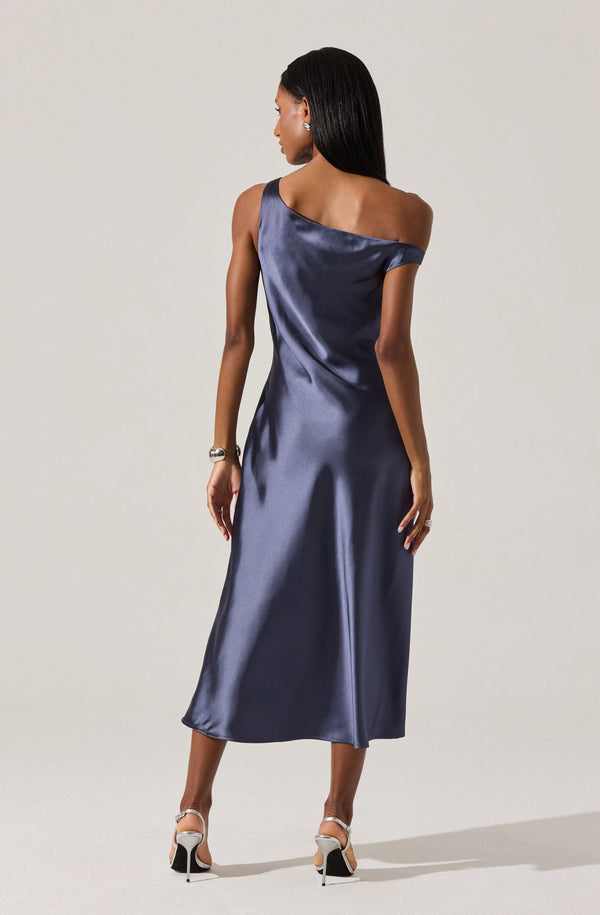 knee length satin dress Elain Satin Off Shoulder Midi Dress