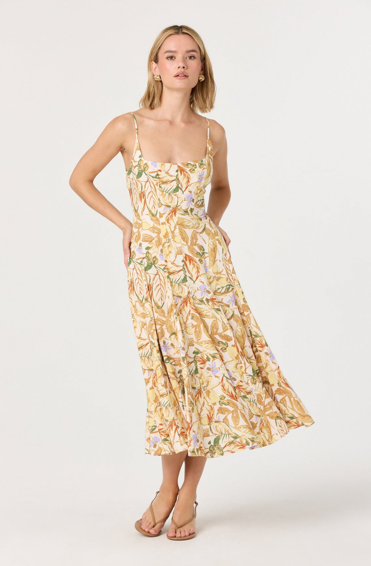 acka all sheer flower dress（beige） High Neck Floral Print Smock Sleeve Tiered Dress | SilkFred US