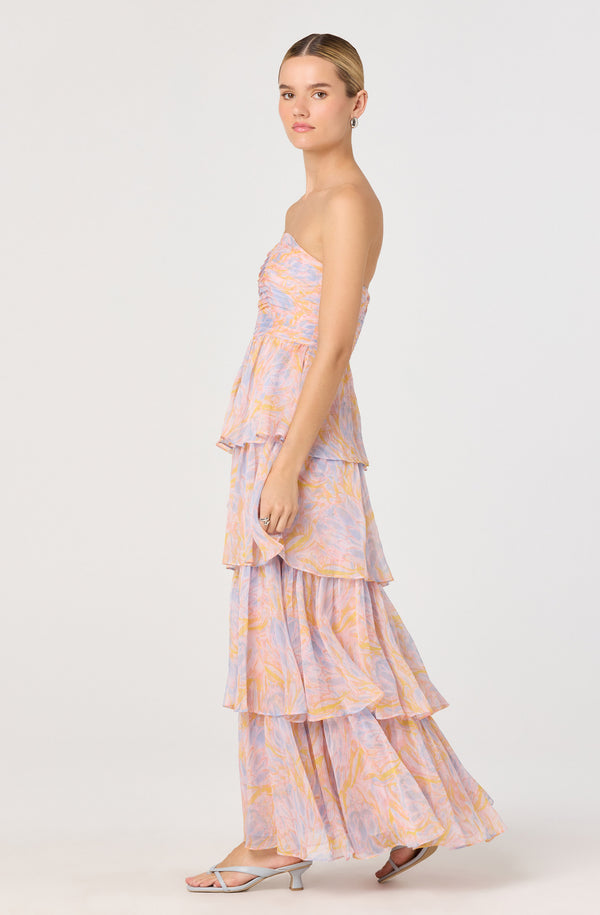 orange ruffle maxi dress Anisha Strapless Tiered Ruffle Maxi Dress