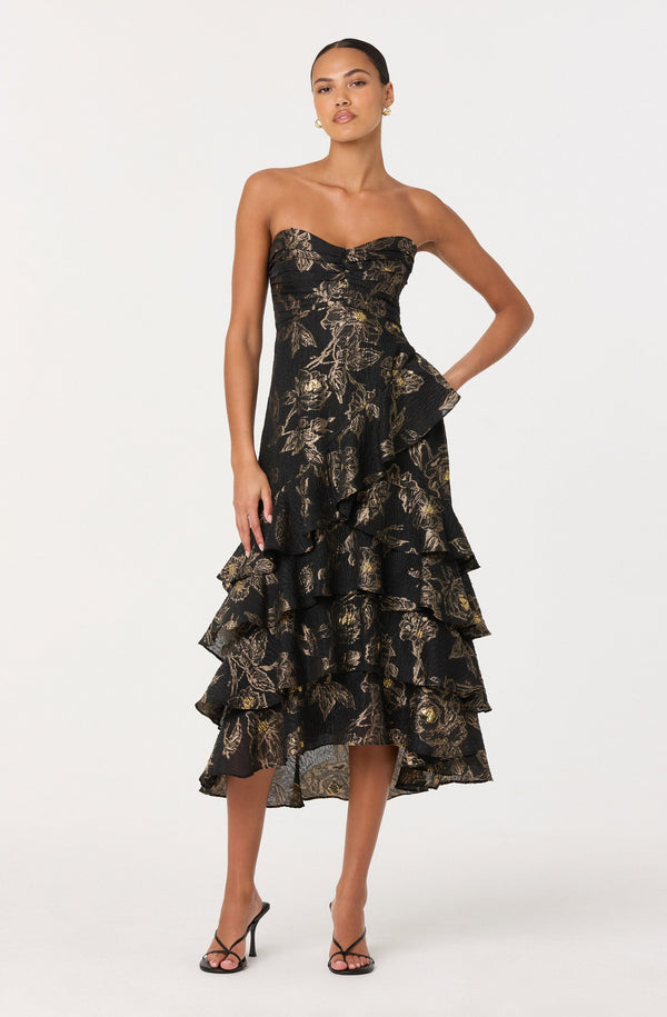 Marysia Strapless Metallic Floral Midi Dress - ASTR the Label Marysia Strapless Metallic Floral Midi Dress - ASTR the Label