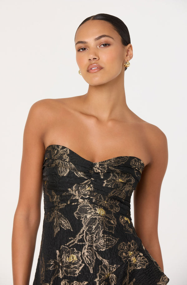 Marysia Strapless Metallic Floral Midi Dress - ASTR the Label Marysia Strapless Metallic Floral Midi Dress - ASTR the Label