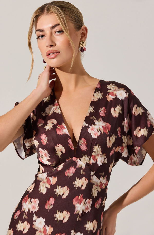 Talyha Floral Satin V-Neck Midi Dress - ASTR the Label Talyha Floral Satin V-Neck Midi Dress - ASTR the Label