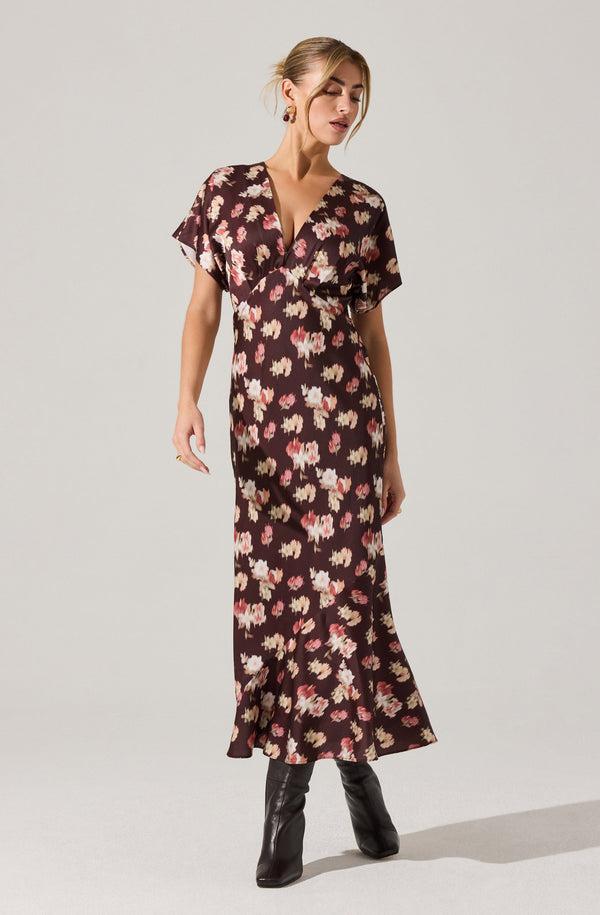 brown dress with flowers Petal and Pup Women's Lanna Maxi front bodice atop an empire waist continues to an A Brown Floral A Line Mini