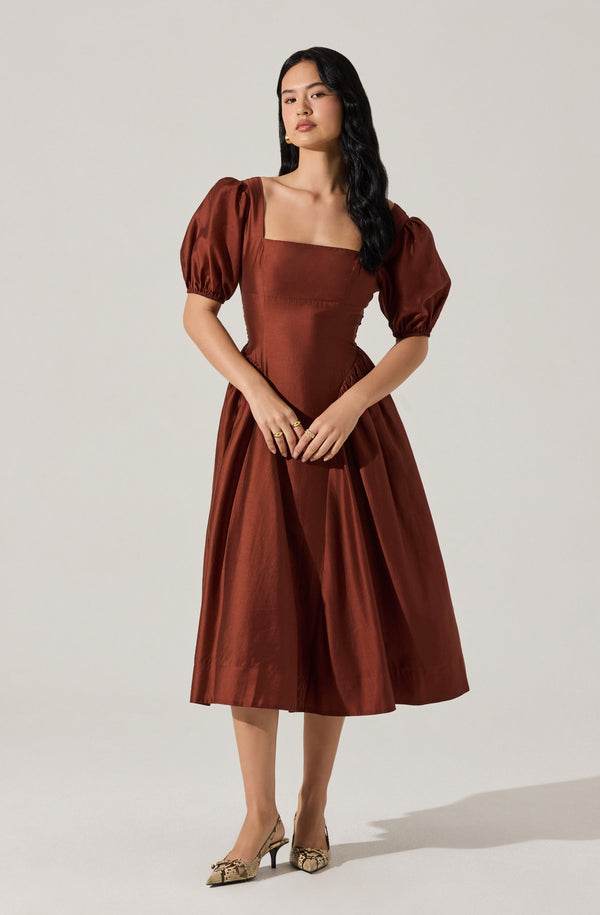 ASTR the Label | Keairra Puff Sleeve Midi Dress in Rust