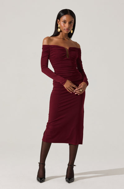 off the shoulder midi dress formal ASTR the Label Lovinia Dress in Wine
