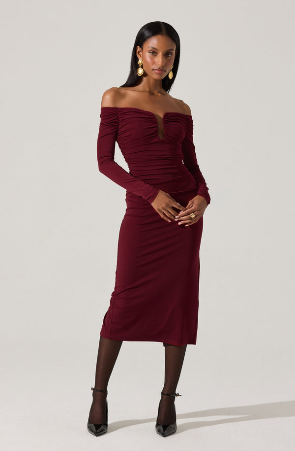Lovinia Ruched Off Shoulder Midi Dress - ASTR the Label Lovinia Ruched Off Shoulder Midi Dress - ASTR the Label