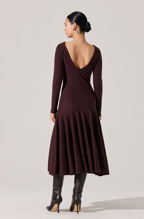 long brown sweater dress ASTR the Label | Doreyda Scoop Back Midi Sweater Dress in Eggplant