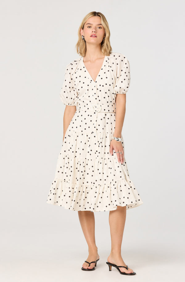 black and white polka dot midi dress Minnie Polka Dot Tiered Midi Dress