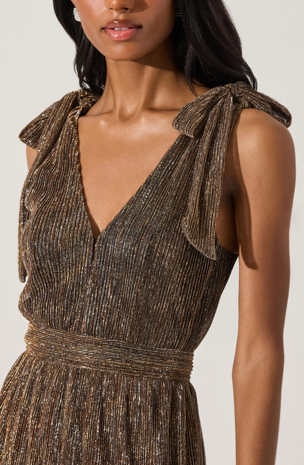 kaelynn metallic midi dress - bronze Desma Metallic V-Neck Maxi Dress
