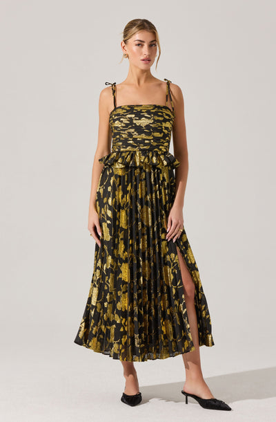 ASTR the Label | Emerys Pleated Metallic Floral Maxi Dress in Black Gold
