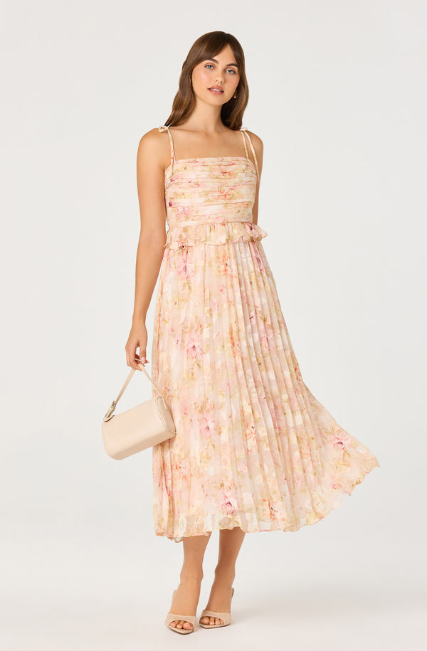ASTR the Label | Emerys Pleated Floral Midi Dress in Pink Floral | Size XS ASTR the Label | Emerys Pleated Floral Midi Dress in Pink Floral | Size XS