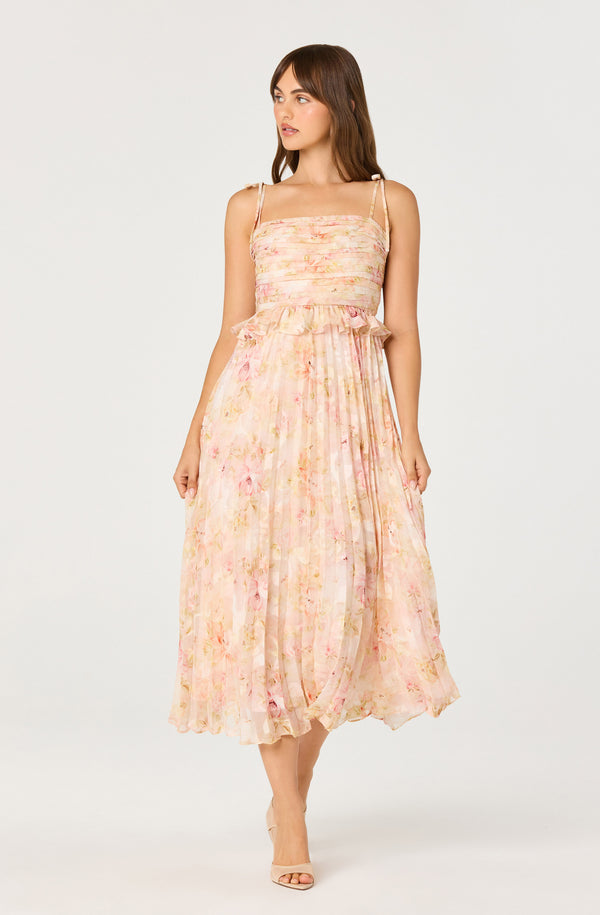 ASTR the Label | Emerys Pleated Floral Midi Dress in Pink Floral | Size XS