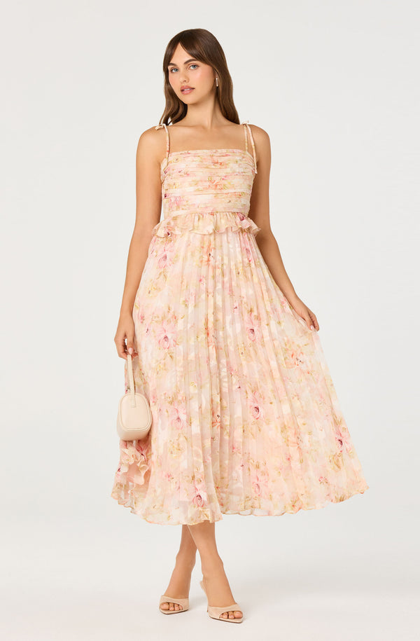 ASTR the Label | Emerys Pleated Floral Midi Dress in Pink Floral | Size XS ASTR the Label | Emerys Pleated Floral Midi Dress in Pink Floral | Size XS