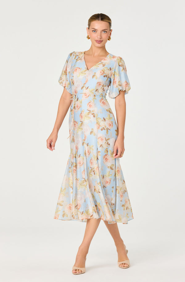 green emerald velvet dress Blue Floral Short Sleeve Midi Dress - Casual Dresses main image 1