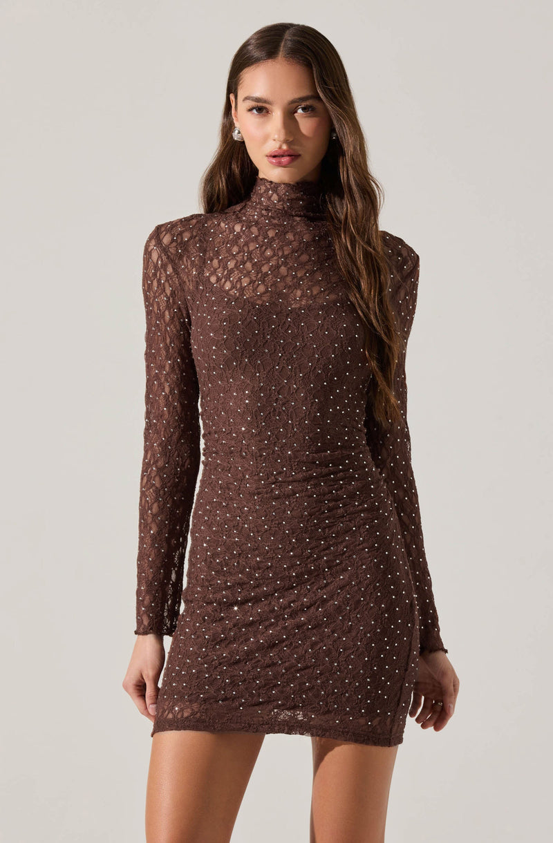A woman is wearing a fitted, long-sleeved, high-neck dress made of sheer brown lace fabric adorned with small, sparkling embellishments throughout.