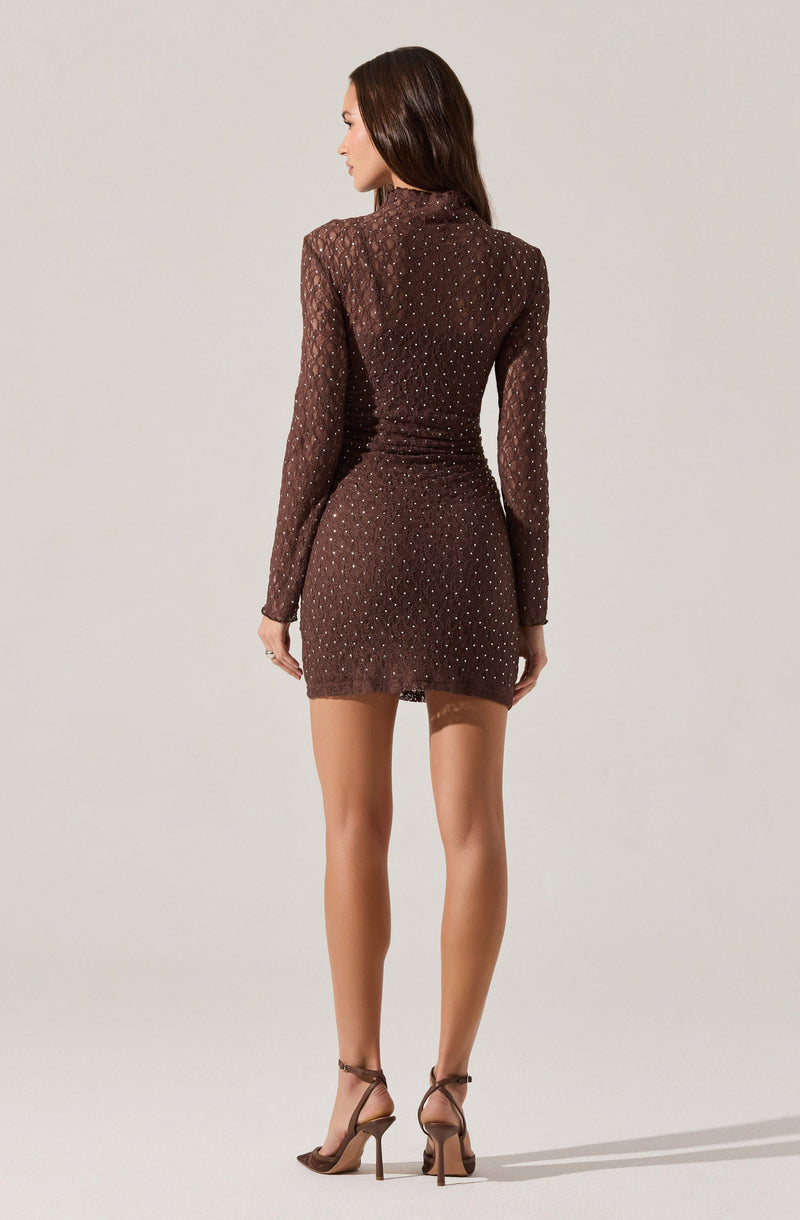 A woman is wearing a sheer, long-sleeved, brown dress with a high neckline. The dress is embellished with small, shiny, metallic dots throughout and is form-fitting, ending above the knees. She is also wearing high-heeled sandals with ankle straps.
