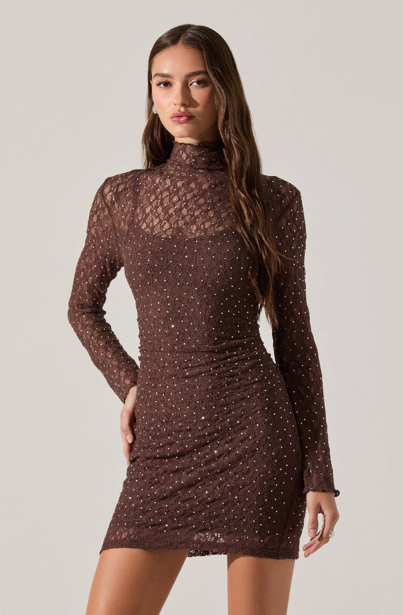 A woman is wearing a fitted, long-sleeve, high-neck dress made of sheer brown lace fabric. The dress features a pattern of small, shiny embellishments scattered throughout.