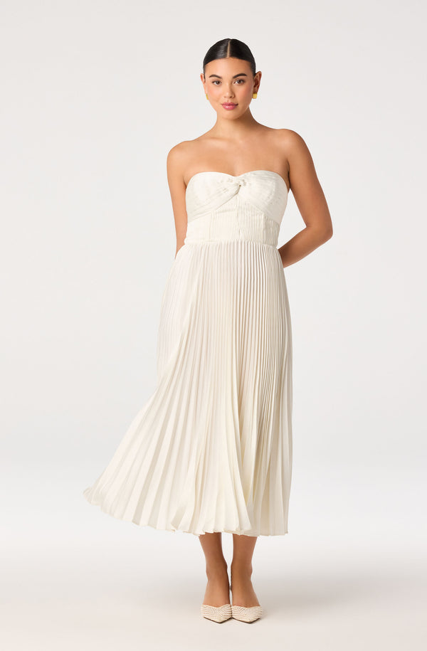 cream pleated midi dress Ascella Sweetheart Pleated Midi Dress