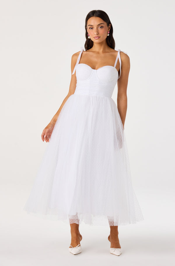 ASTR the Label | Karyme Polka Dot Tulle Midi Dress in White | Size M ASTR the Label | Karyme Polka Dot Tulle Midi Dress in White | Size M