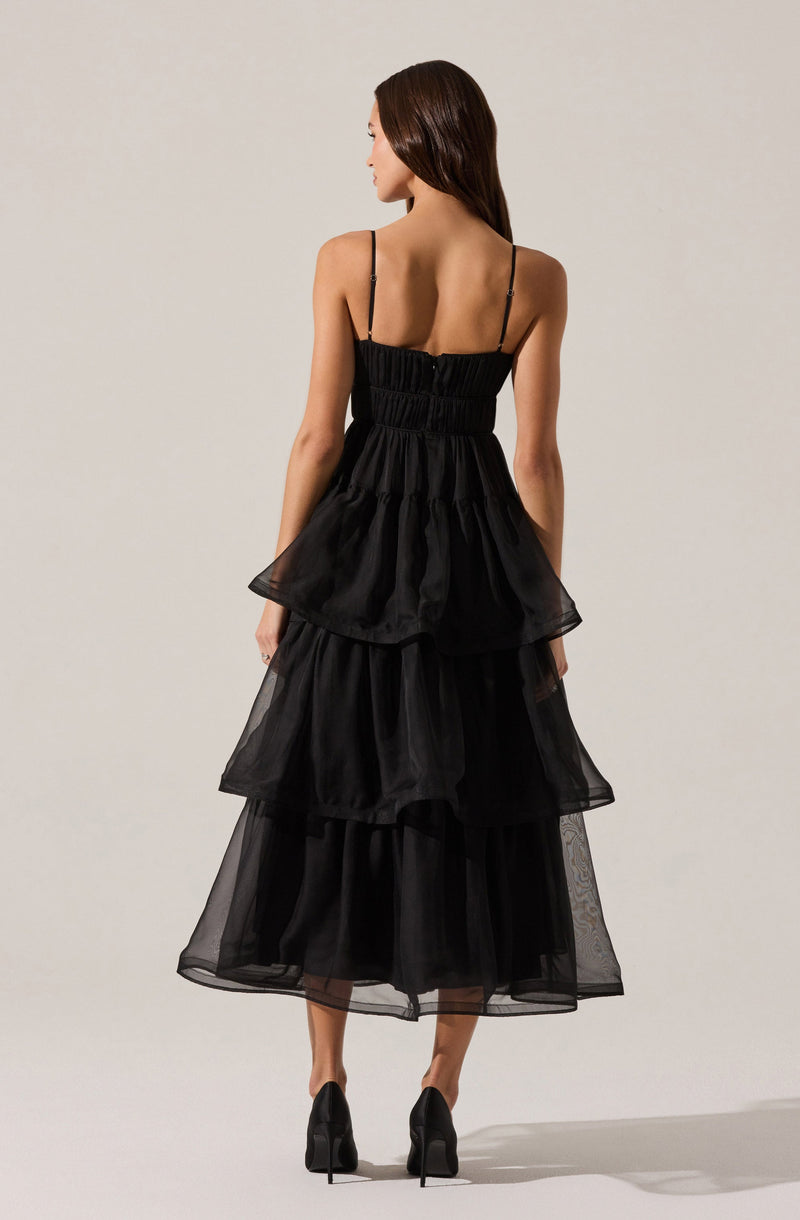 A woman is wearing a black sleeveless dress with thin spaghetti straps. The dress features a fitted, ruched bodice and a multi-layered, tiered skirt made of sheer, lightweight fabric that creates a voluminous, ruffled appearance. She is standing with her back to the camera, showing the back view of the dress.