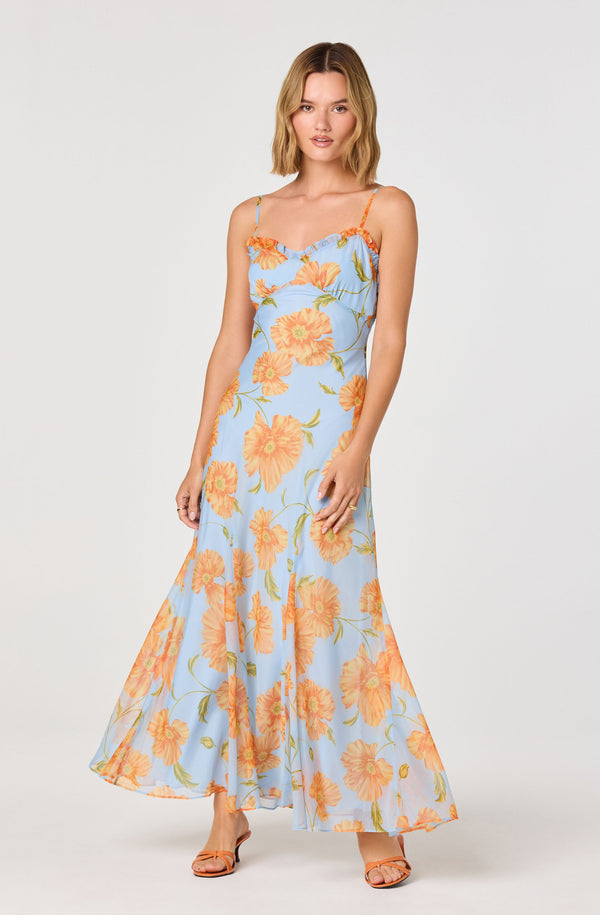 blue dress orange flowers Women's ASTR the Label Maeryn Maxi Dress Large Orange Floral