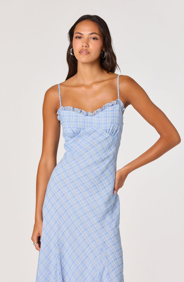 plaid slip dress Maeryn Plaid Ruffle Trim Maxi Dress
