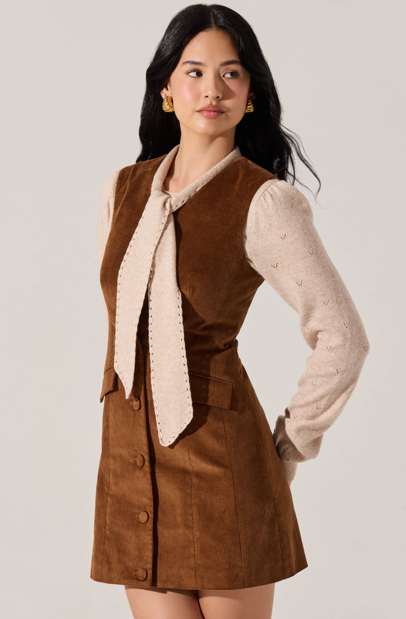 A woman is wearing a brown sleeveless dress with buttons down the front, made of a corduroy-like fabric. She has on a long-sleeved beige sweater underneath, which features small embroidered details. She accessorizes with large gold earrings and has a light beige scarf tied around her neck.