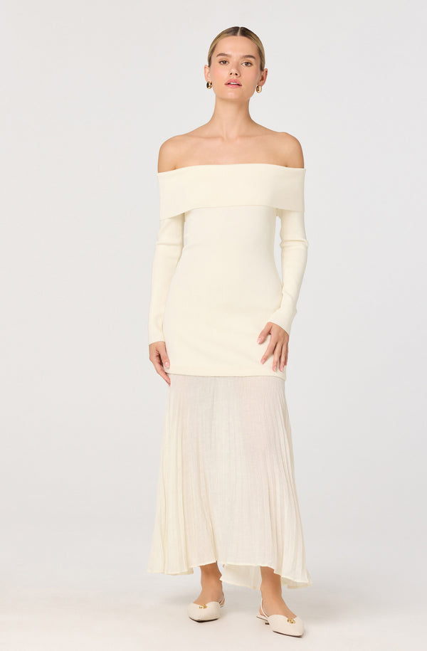strapless open back dress Lidia Off-Shoulder Pleated Midi Dress