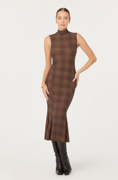 Leigha Mock-Neck Plaid Midi Dress