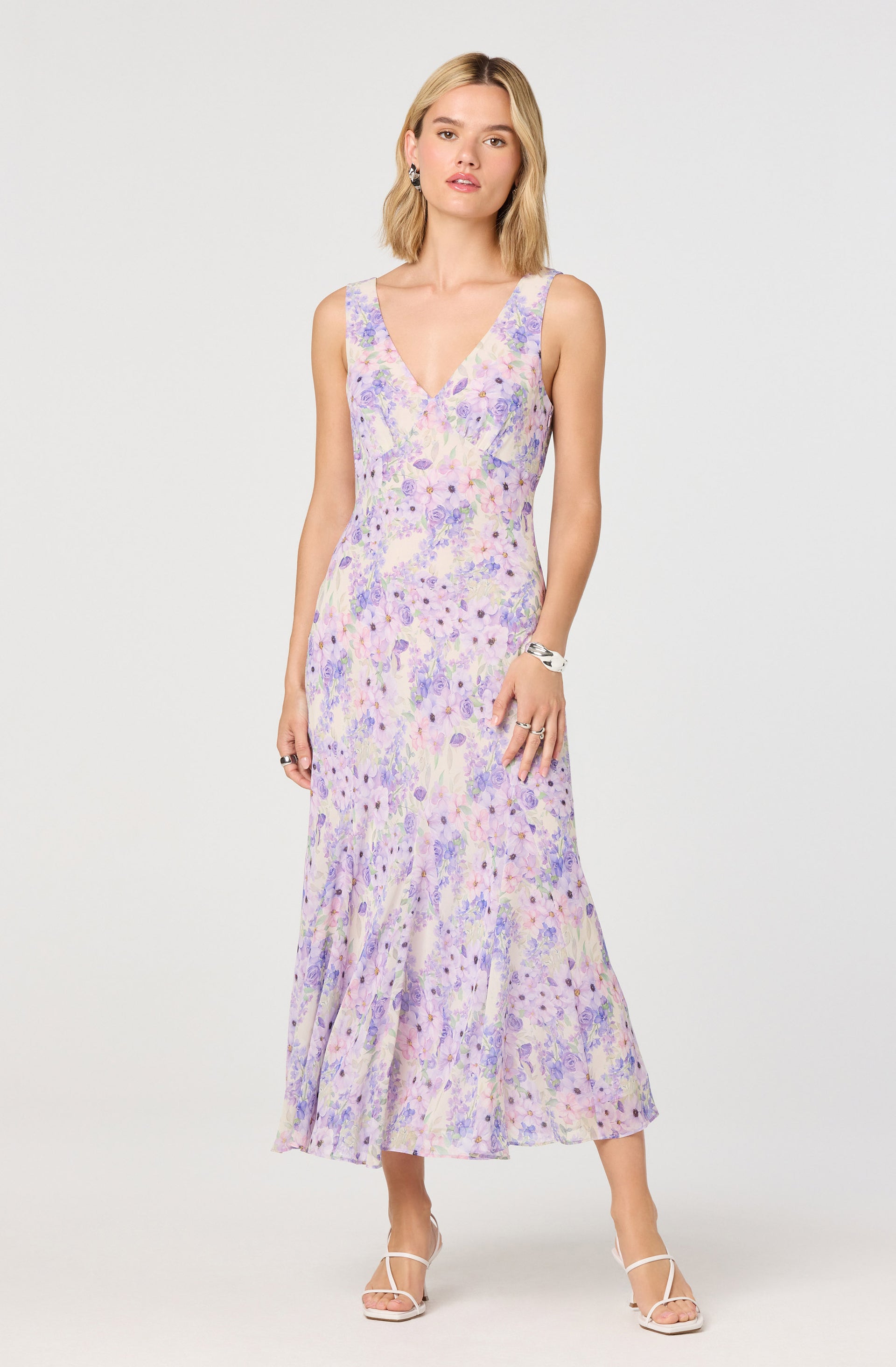 fitted lace wedding dress Astr The Label | Symone Floral Godet Midi Dress in Purple Floral