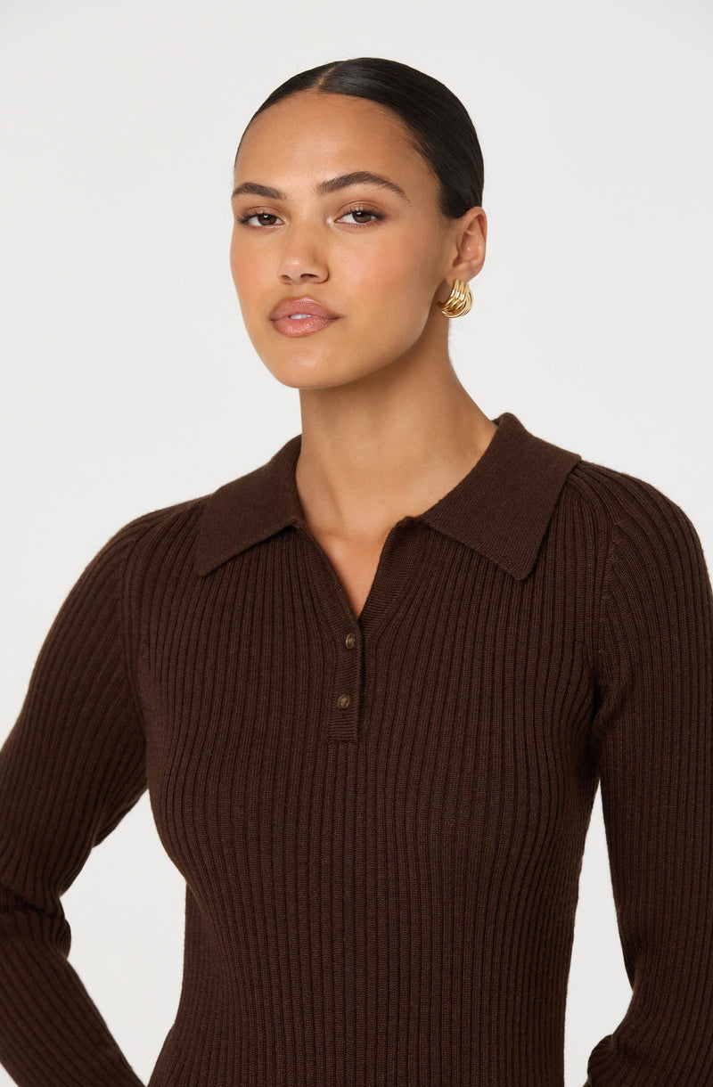 A woman is wearing a dark brown, long-sleeved, ribbed knit top with a collared neckline and a button placket. She has gold hoop earrings and her dark hair is pulled back.