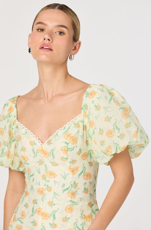 slim fit dress slacks Mayra Floral Plissé Puff Sleeve Midi Dress