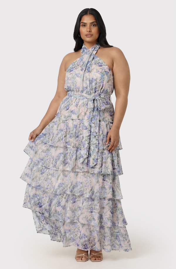 strapless open back dress Adamaris Floral Halter Tiered Ruffle Maxi Dress