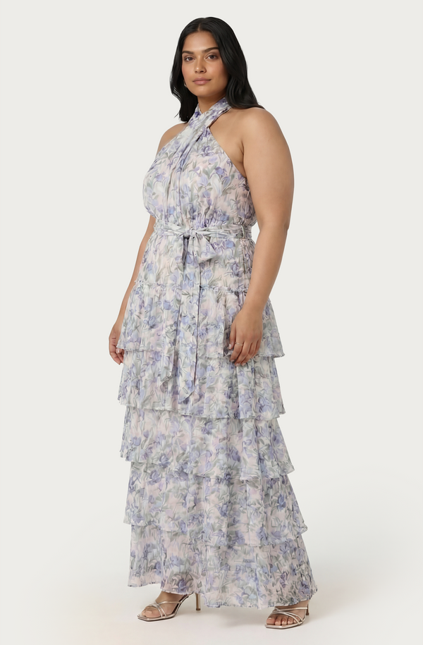 open lace back dress Adamaris Floral Halter Tiered Ruffle Maxi Dress