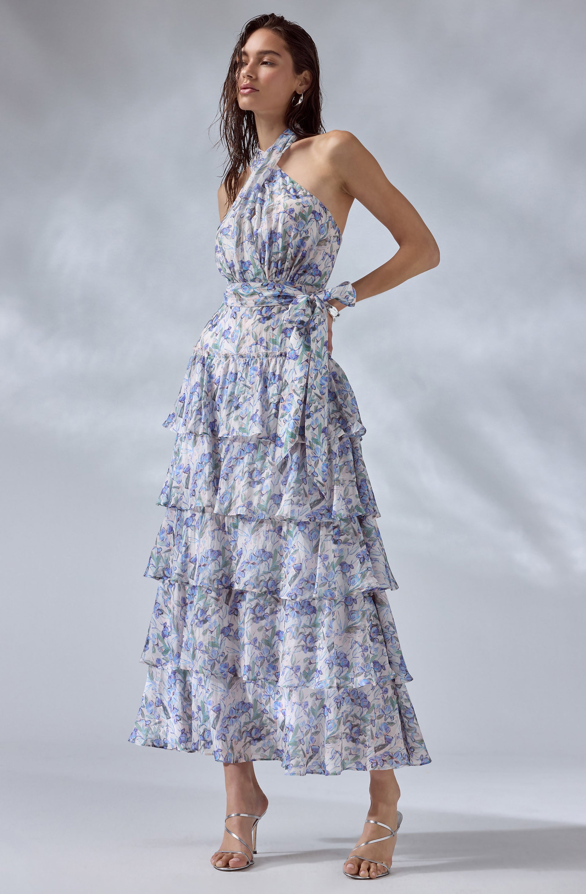 fitted lace wedding dress Astr The Label | Primrose Floral Strappy Back Maxi Dress in Plus Size - Pink Aqua Floral main image 0