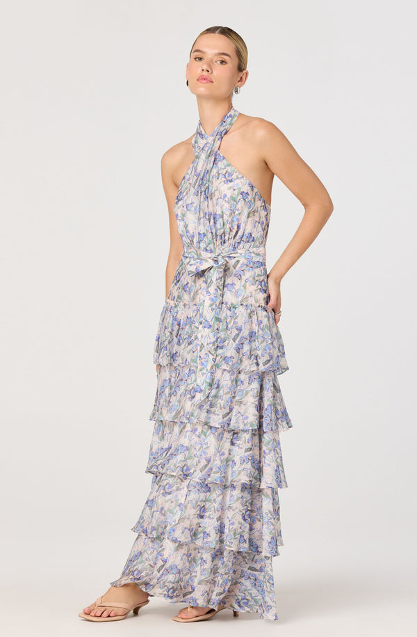fitted lace wedding dress Adamaris Floral Halter Tiered Ruffle Maxi Dress