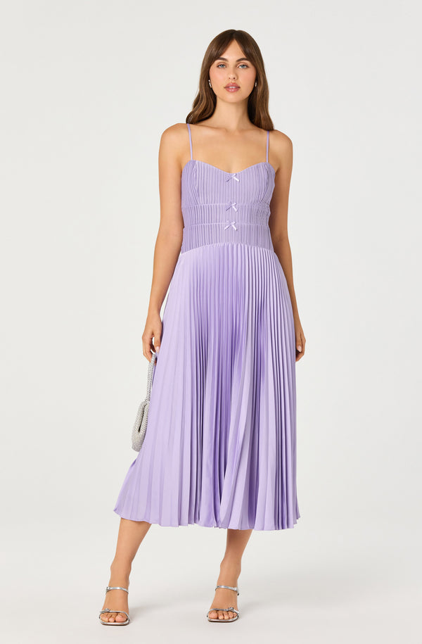 knee length dresses for ladies Shionagh Satin Bow-Detail Pleated Midi Dress