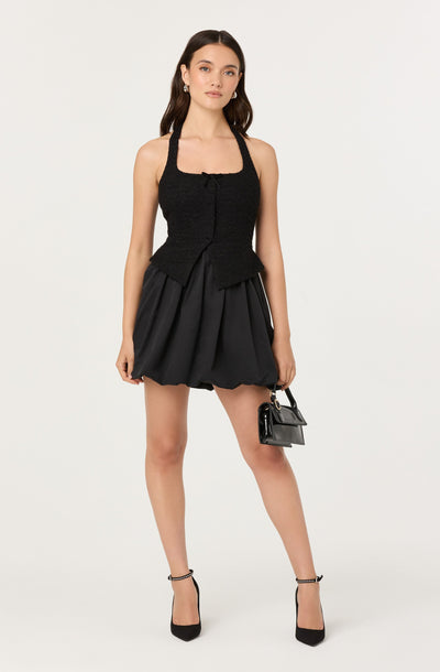 Giavanna Mixed Media Halter Mini Dress