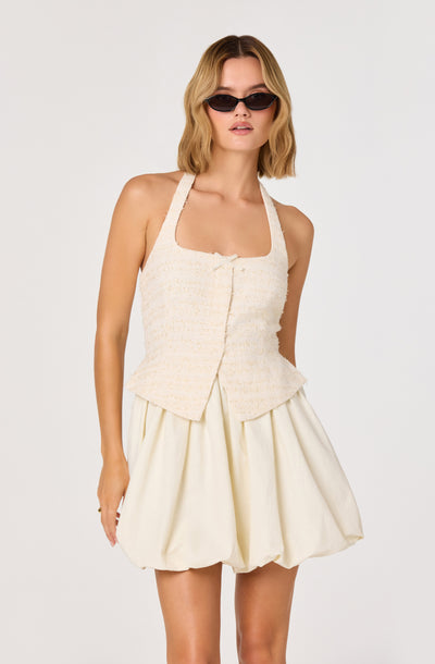 Giavanna Mixed Media Halter Mini Dress Cream / XL