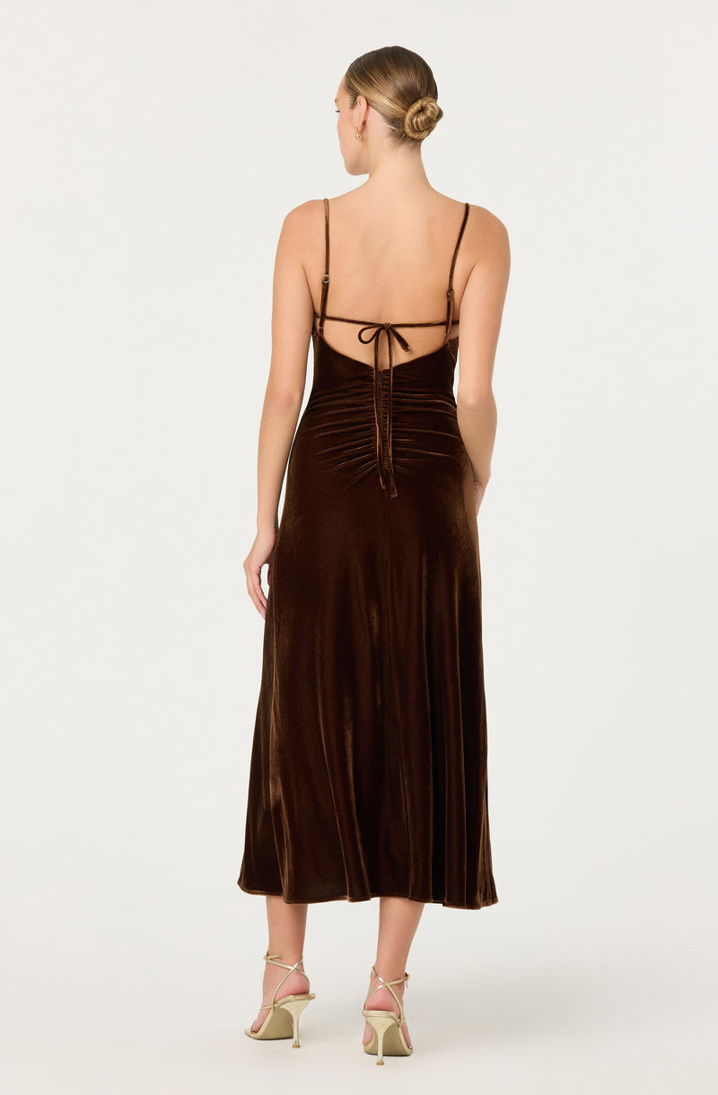 The dress is a sleeveless, full-length gown made of a shiny, dark brown velvet fabric. It features thin spaghetti straps and a back detail with a tie at the upper back, along with gathered ruching along the waist and lower back. The skirt flows down to the ankles with a slight A-line shape.