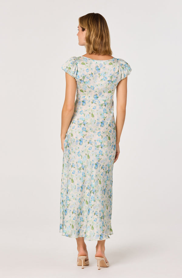 empire waist bell sleeve dress ASTR the Label | Erma Floral Empire Waist Midi Dress in Blue Floral