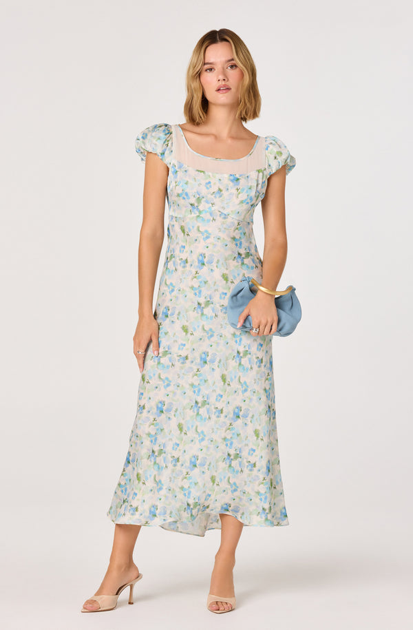 ASTR the Label | Erma Floral Empire Waist Midi Dress in Blue Floral | Size S ASTR the Label | Erma Floral Empire Waist Midi Dress in Blue Floral | Size S