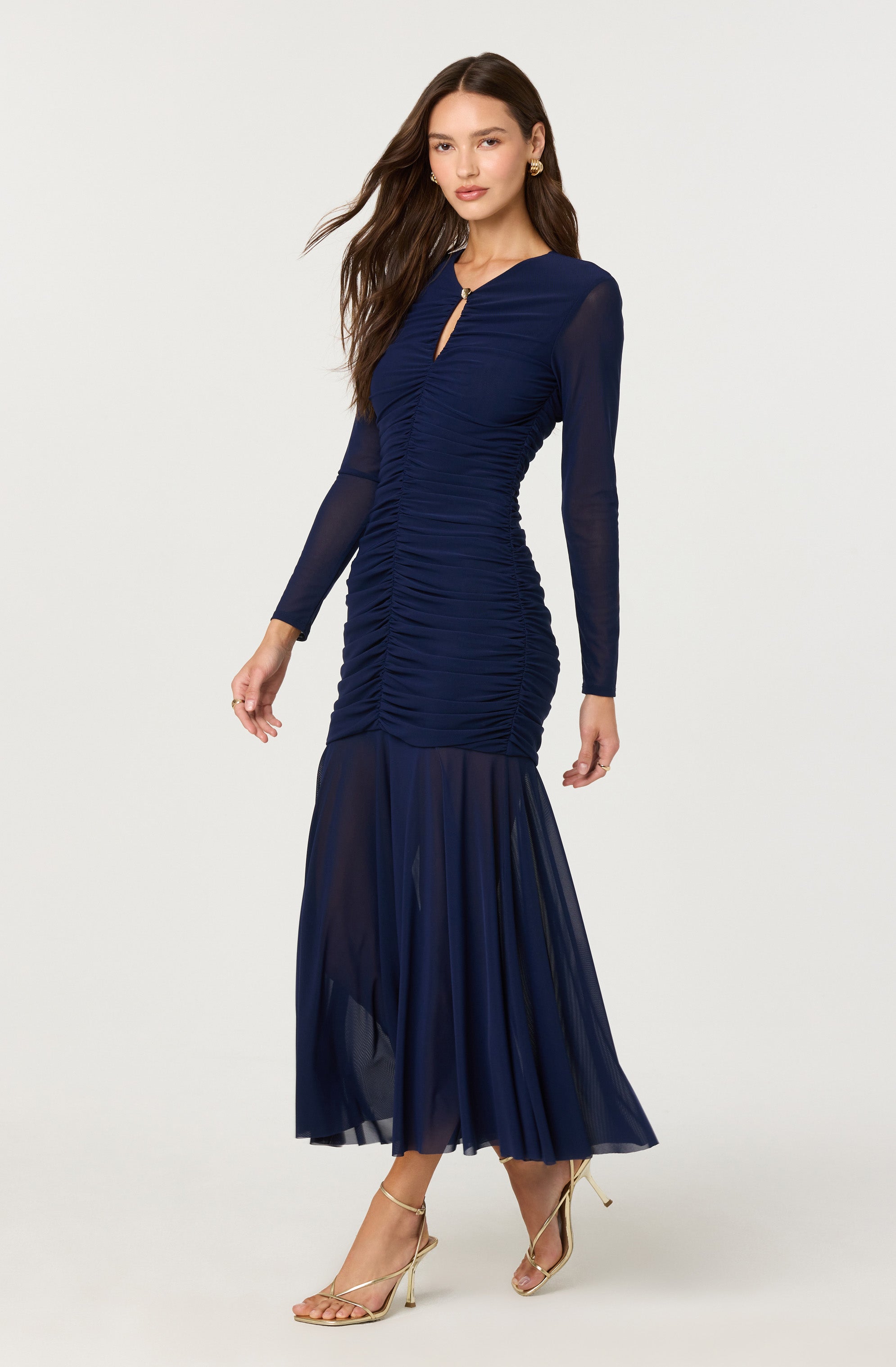 Innocent World サックス×ネイビー ストライプ ハイネックドレス Standing Collar Stripe OP by Innocent World