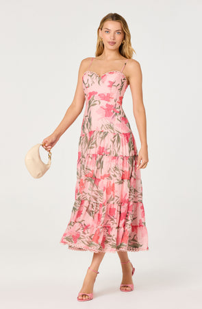 pink floral tiered maxi dress Lianna Scalloped Trim Hang Or Line Dry Superstar Career Dress Up Sash Options:With Beaded Sash with 14'' Embellishment linen pinafore